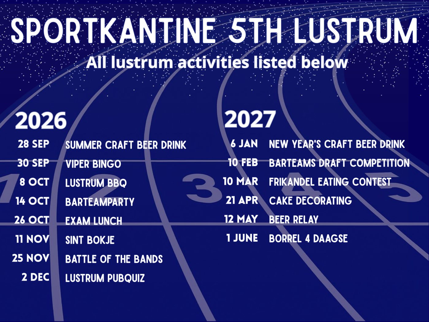 Overzicht van alle lustrumactiviteiten in 2026 en 2027